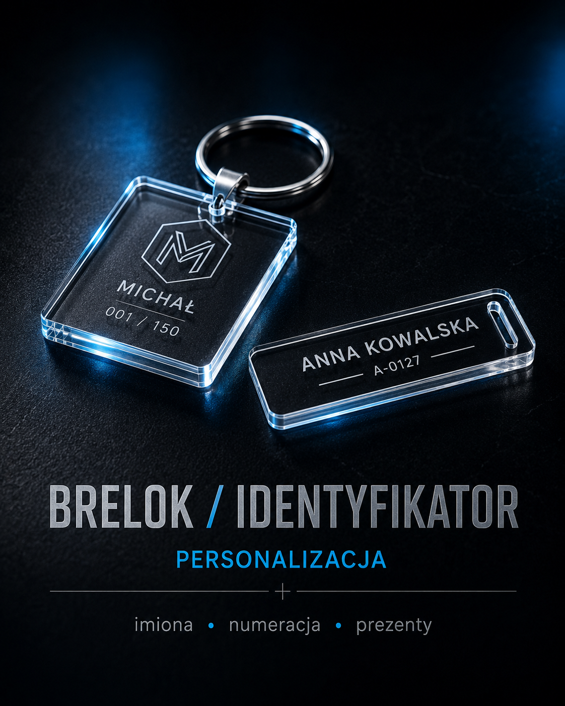 Wizualizacja personalizowanego breloka i identyfikatora z akrylu