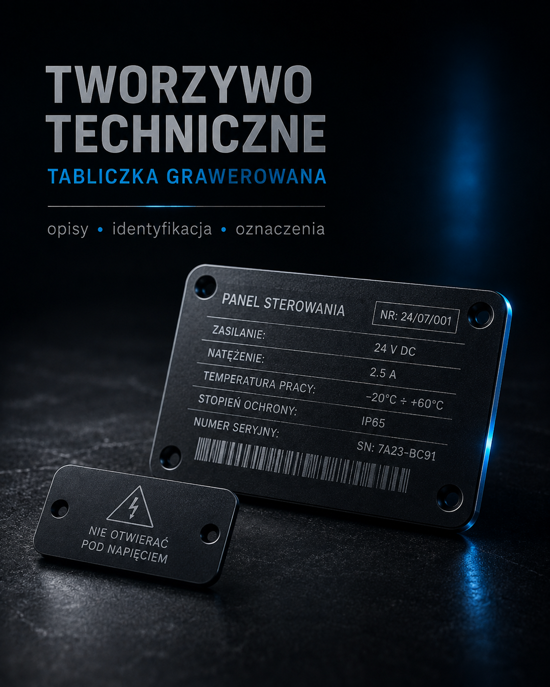 Wizualizacja grawerowanej tabliczki technicznej z tworzywa